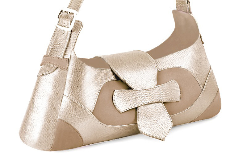 Tan beige and gold women's dress handbag, matching pumps and belts. Front view - Florence KOOIJMAN